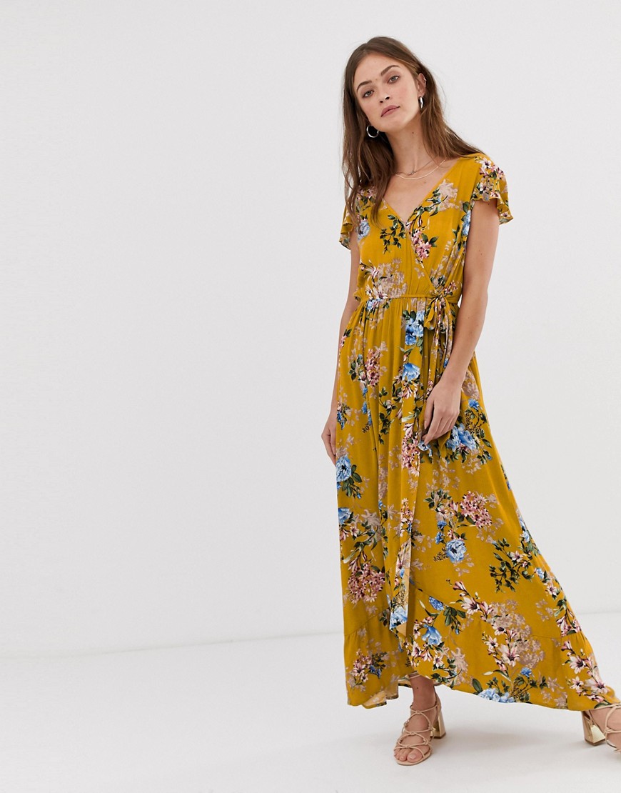 Band Of wrap front maxi dress in yellow floral print