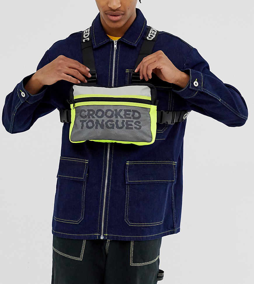Crooked Tongues unisex chest bag in black and fluorescent