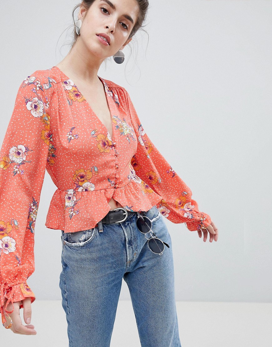 NEON ROSE TEA BLOUSE WITH TIE SLEEVES IN SPOT FLORAL - RED,NRTP409