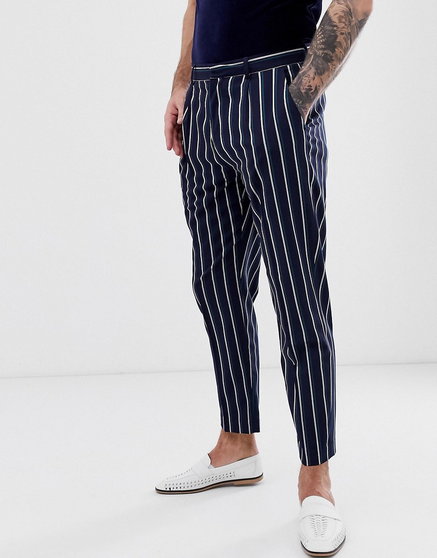 Harry Brown slim fit pleated crop teal stripe trousers