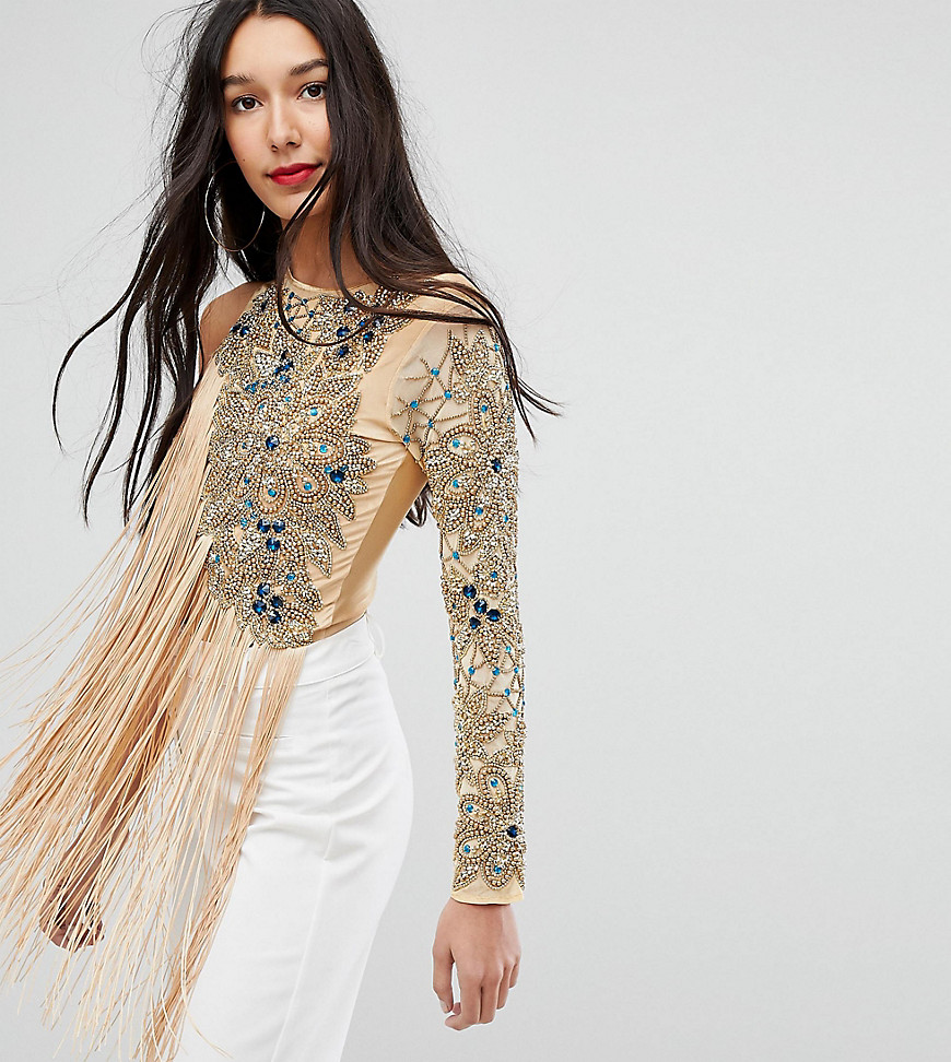 A Star Is Born Tall Going Out One Shoulder Embellished Bodysuit with Fringe Detail - Gold