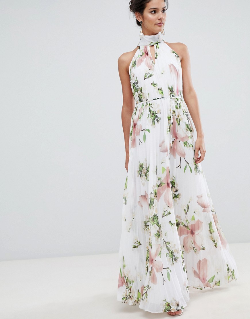 Ted Baker pleated maxi dress in harmony floral print - White