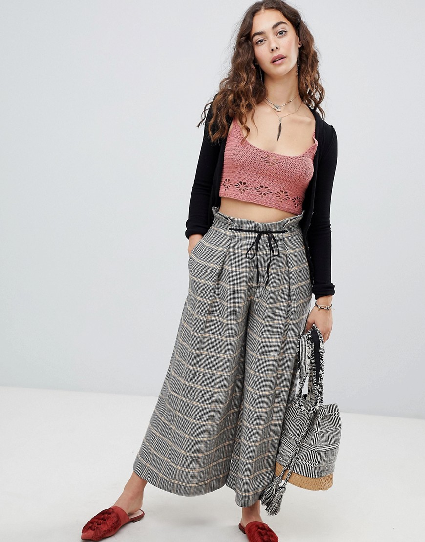 Free People Charlie wide leg check trouser with paperbag waist - Black