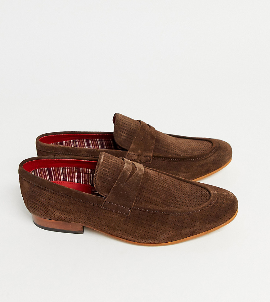 Base London Wide Fit Fleming embossed loafers in brown suede