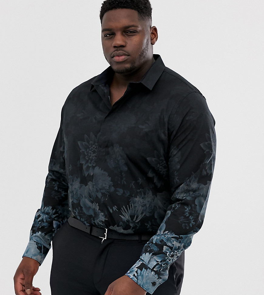 Twisted Tailor plus super skinny fit shirt with floral fade print in navy