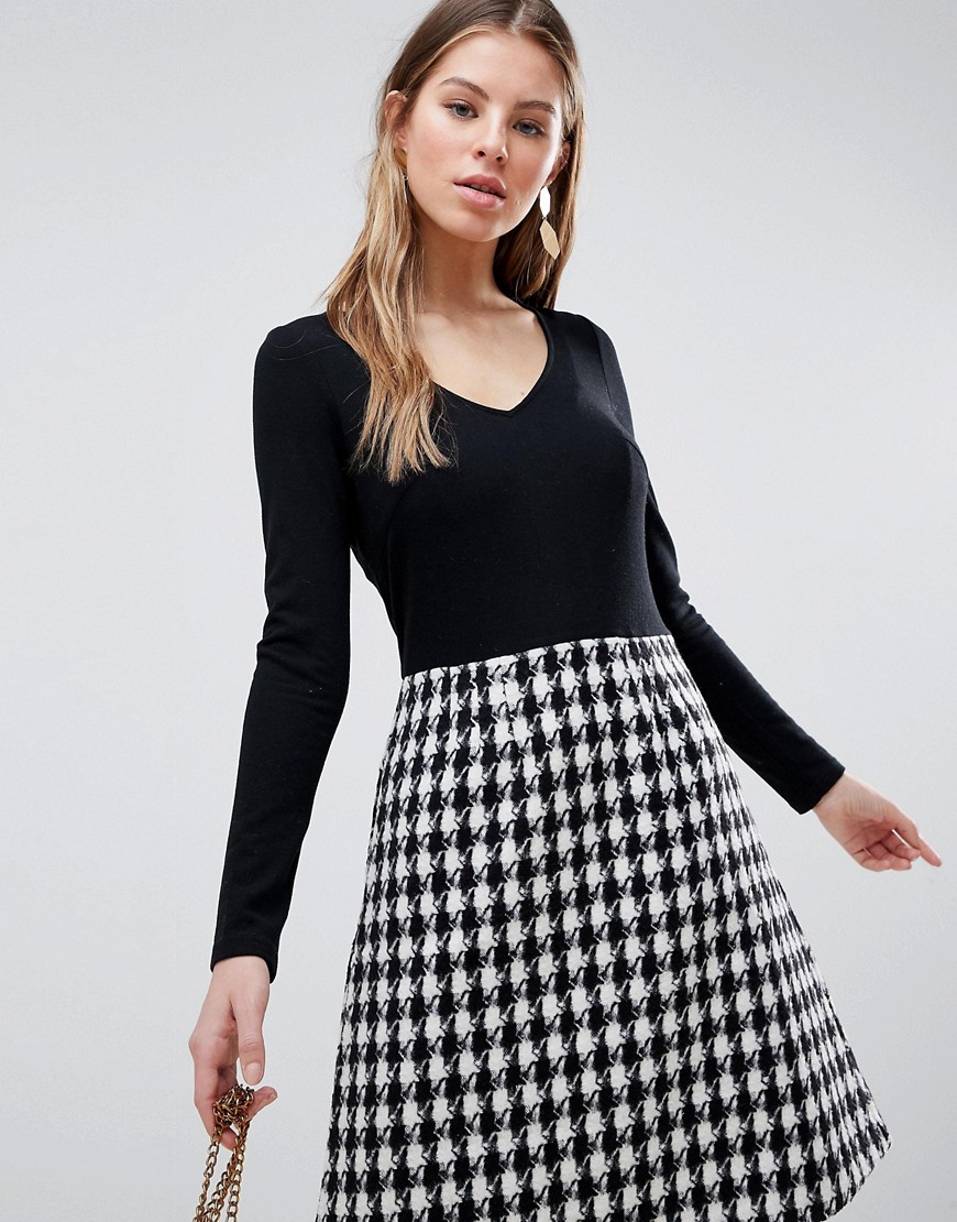 Traffic People Long Sleeve 2-in-1 Skater Dress With Checked Skirt - Black/white