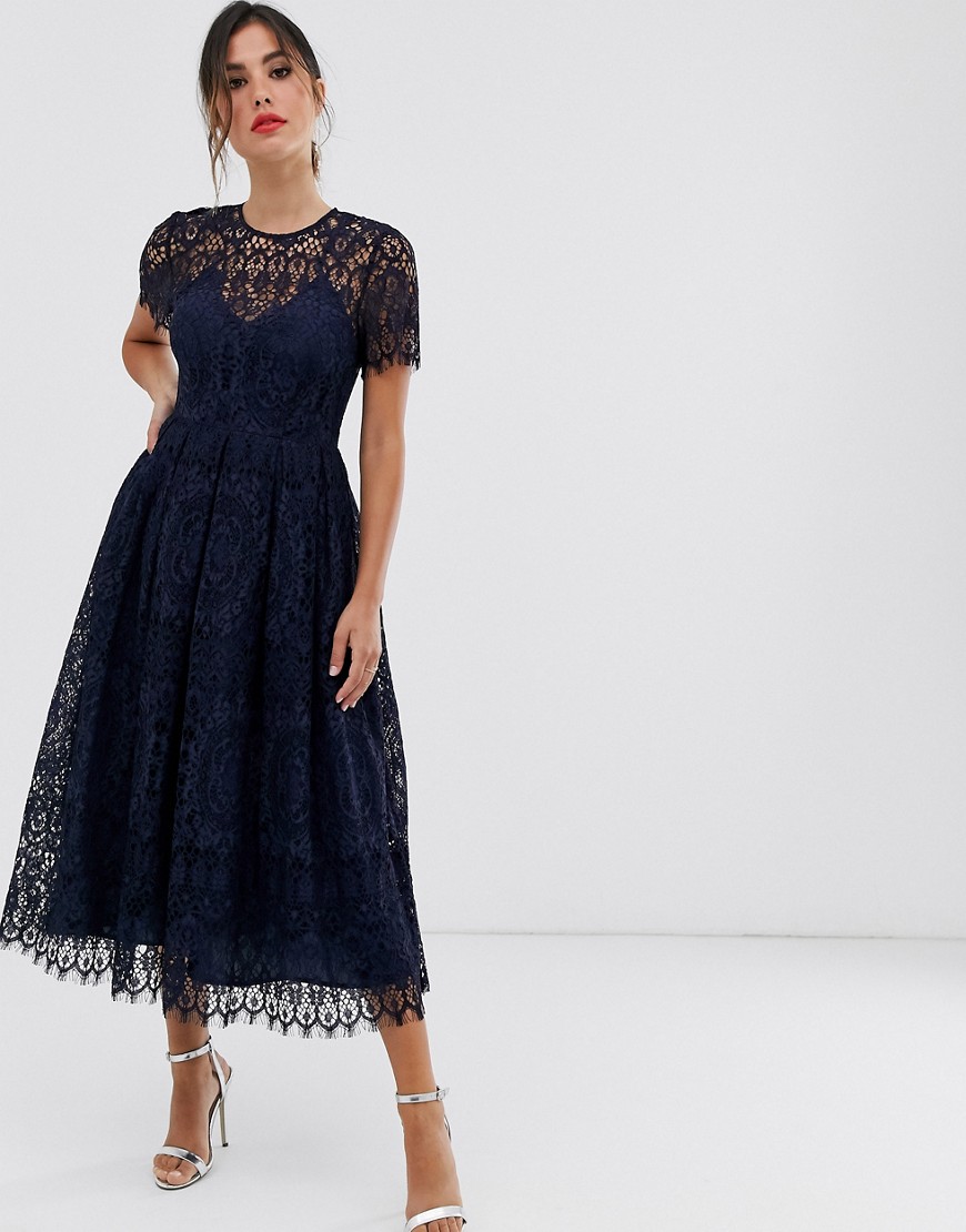 Asos Design Lace Midi Dress With Ribbon Tie And Open Back-navy