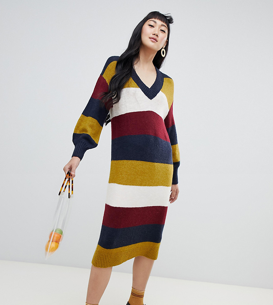 Monki v-neck knitted dress in multi stripe