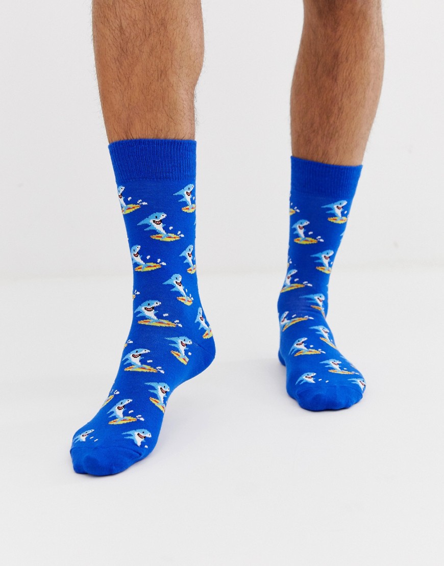 Moss London cotton mix socks in blue with surf shark print