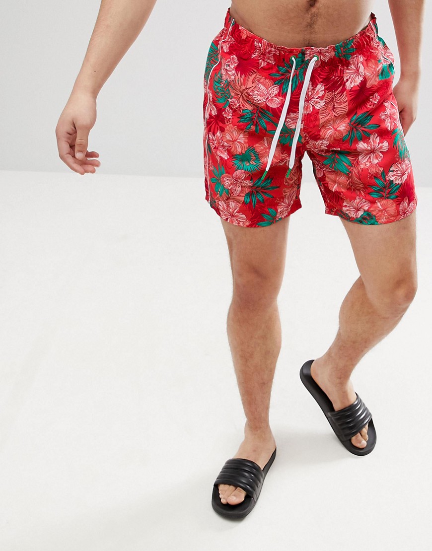 United Colors of Benetton Swim Shorts With Tropical Print In Red