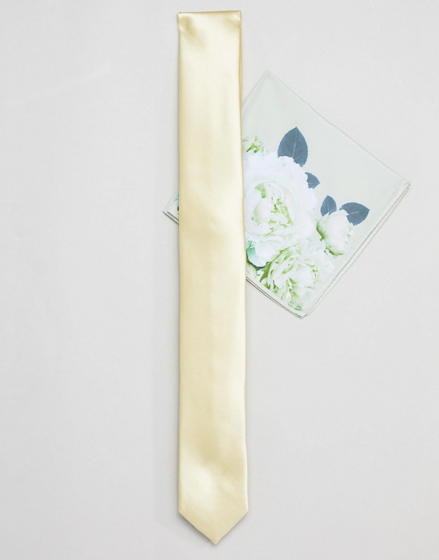 Желтый узкий галстук и платок для нагрудного кармана с цветочным принт ASOS DESIGN 