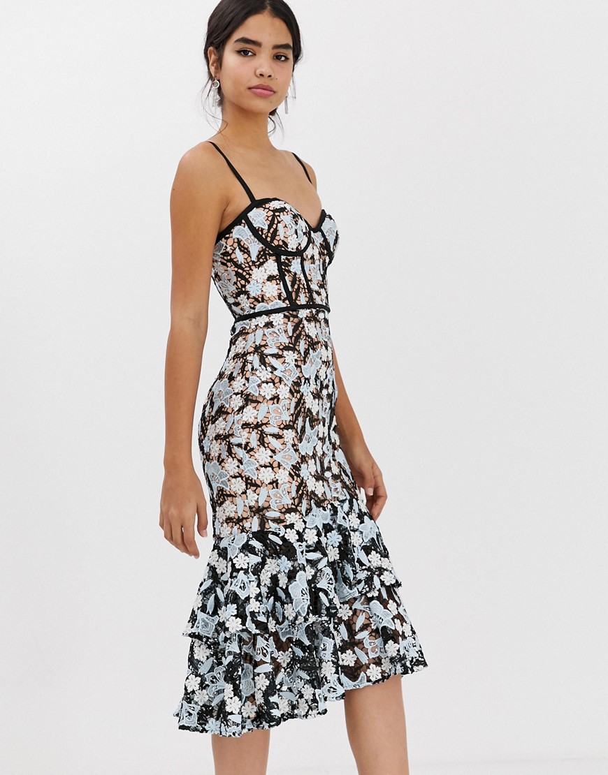 Jarlo all over contrast floral lace embroidered midi dress with ruffle hem detail in multi