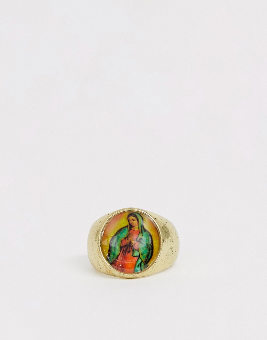 Asos Design Signet Ring With Religious Design In Burnished Gold Tone