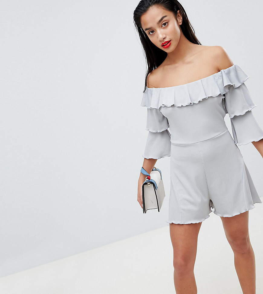 Lost Ink Petite Frill Front Playsuit With Tiered Sleeves