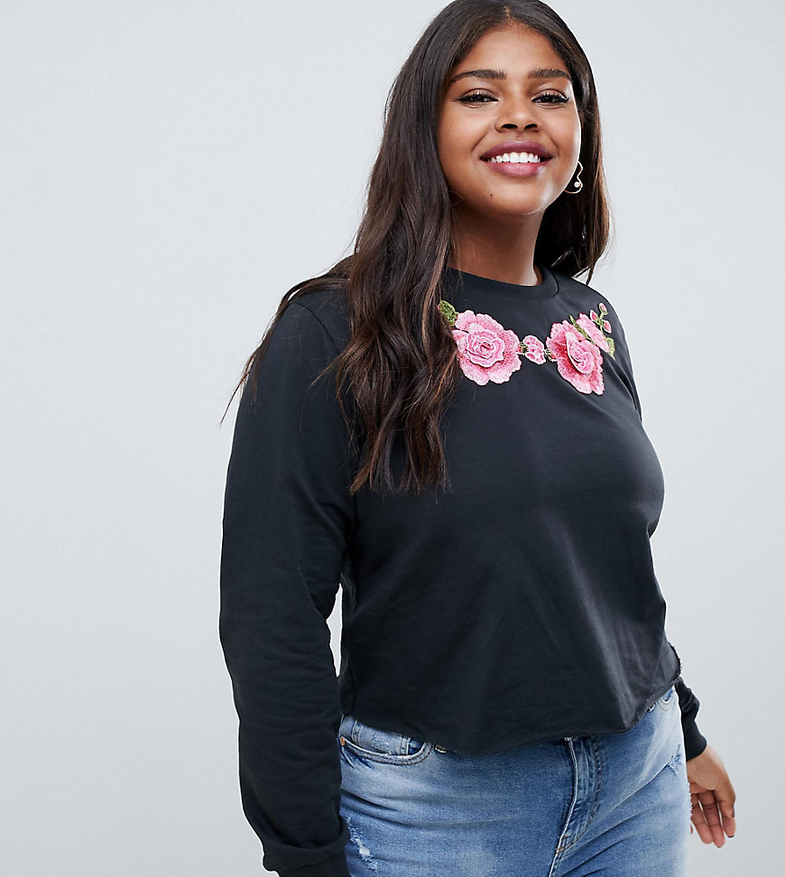 ASOS DESIGN Curve sweatshirt with floral embroidery in washed black