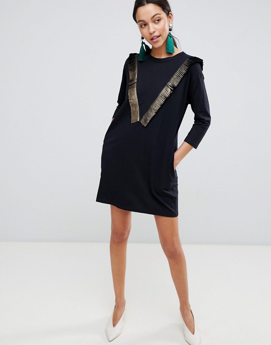 Traffic People Long Sleeve T-Shirt Dress With Fringed Detail