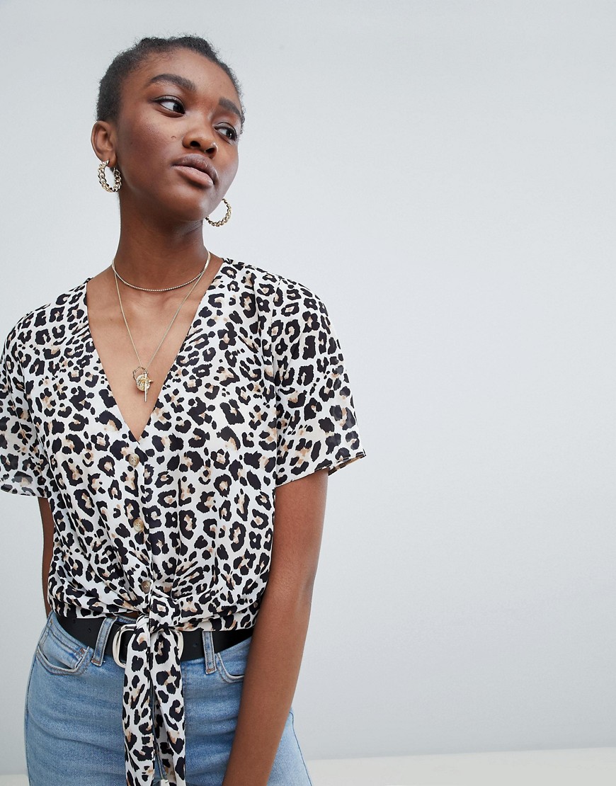 New Look Leopard Print Tie Front Shirt - Brown pattern