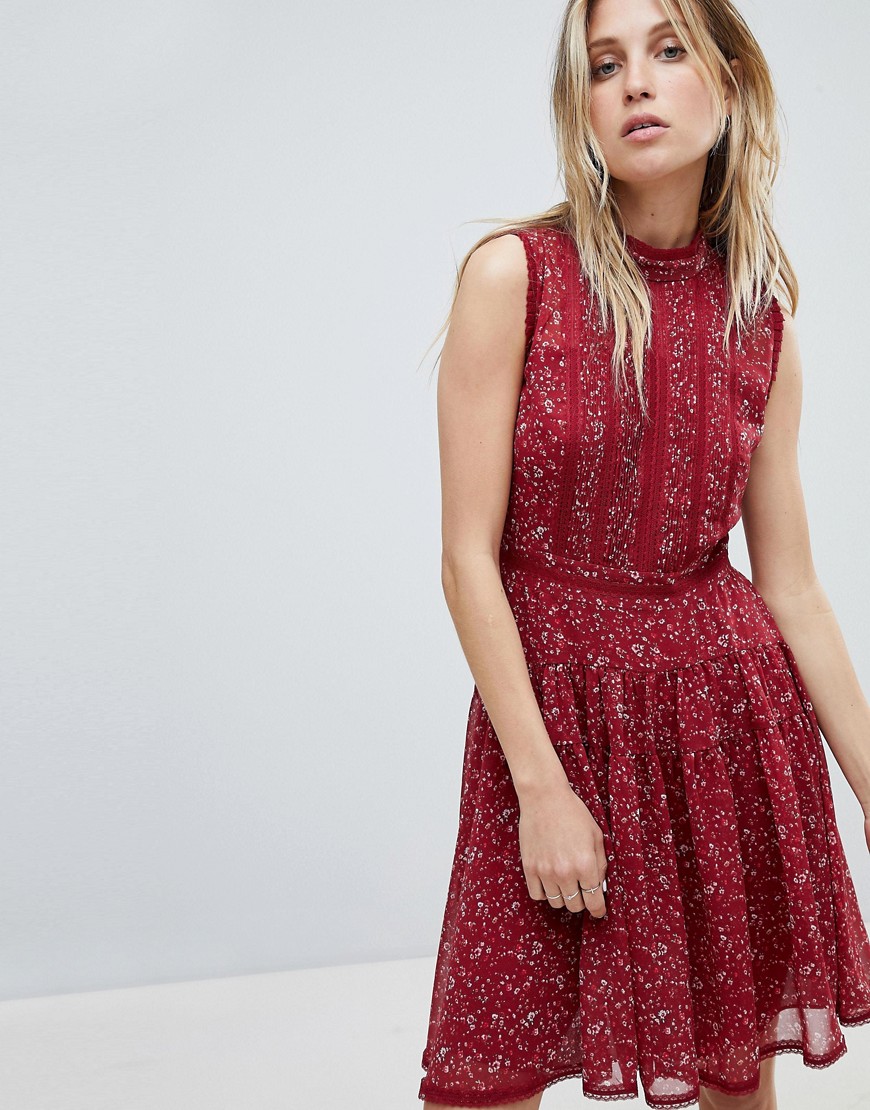 ALLSAINTS LACE MIX MINI DRESS IN FLORAL PRINT - RED,WD179N