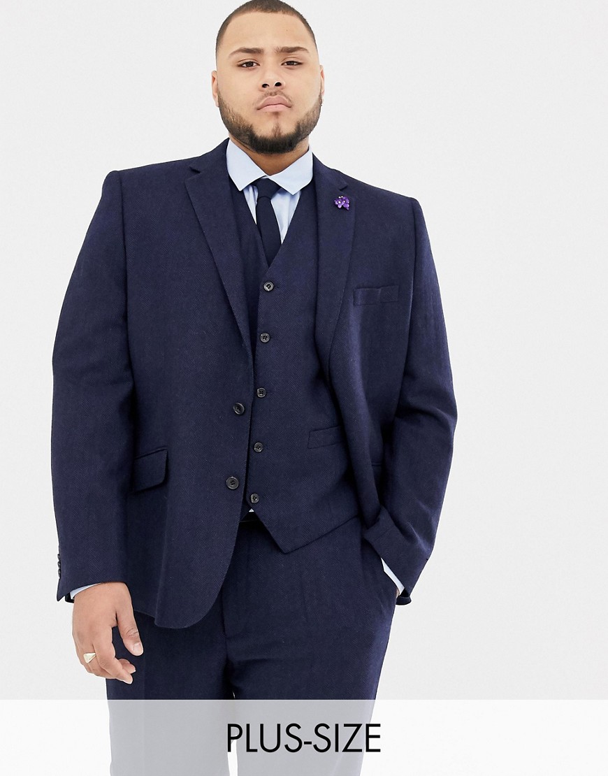 Gianni Feraud Plus slim fit large navy herringbone wool blend suit jacket