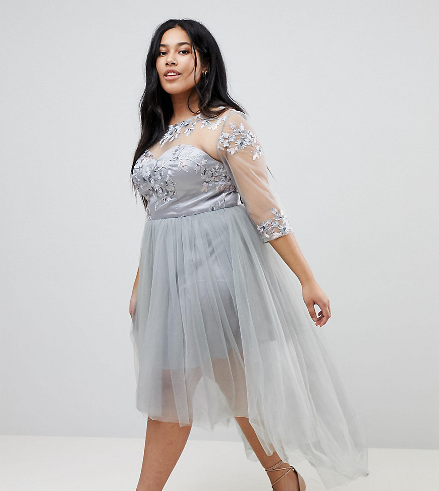 Chi Chi London Plus High Neck Tulle Midi Skater Dress With Lace Sleeves and High Low Hem