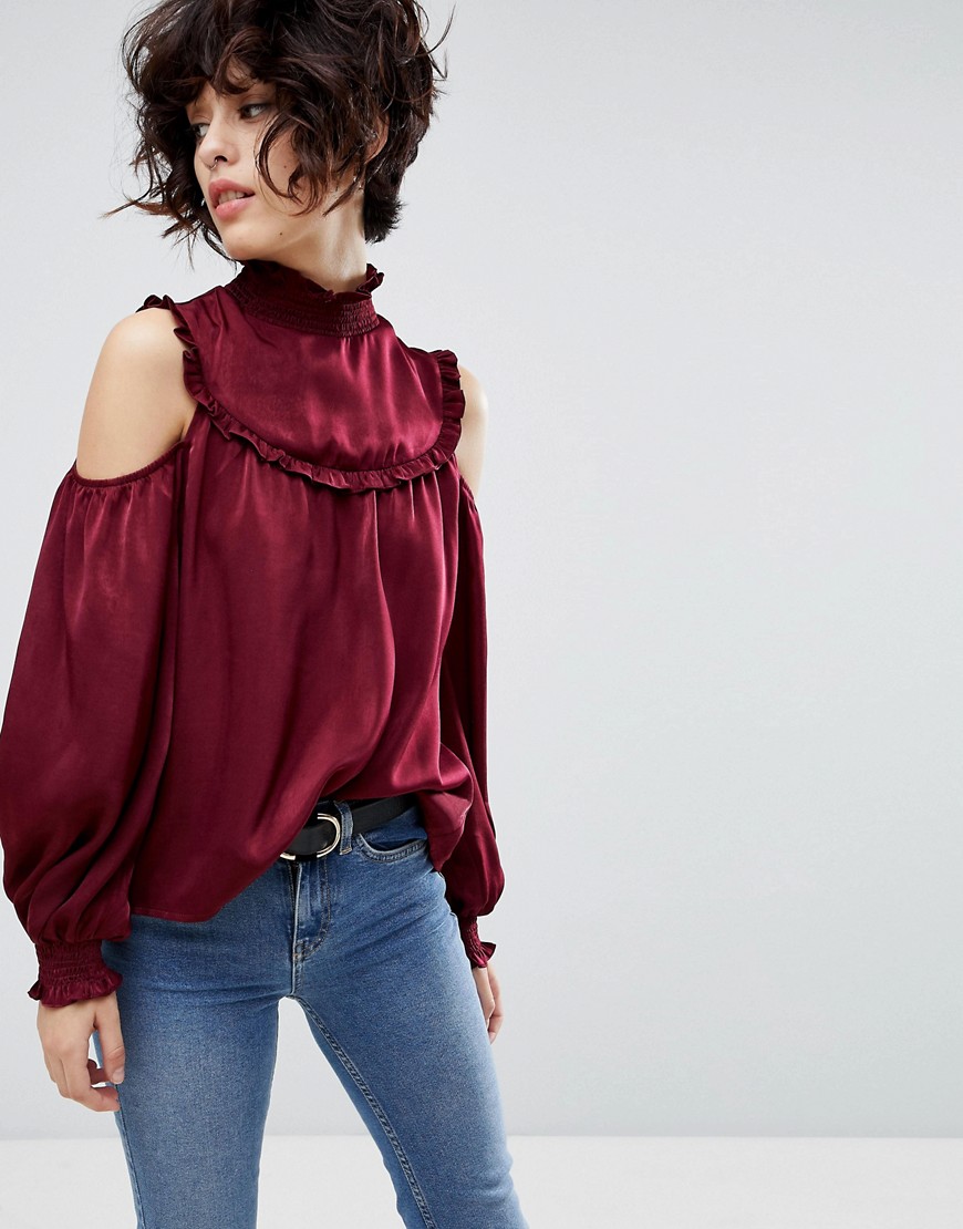J.O.A Cold Shoulder Long Sleeve Top With High Shirred Neck - Wine