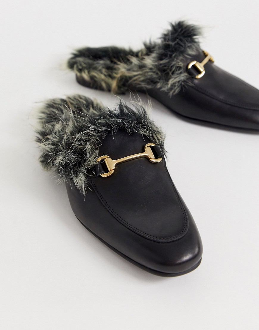 faux leather fur backless mules