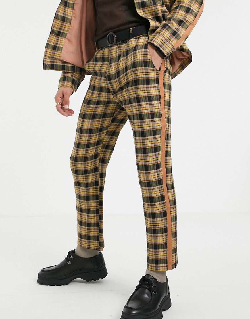 Sacred Hawk straight fit trousers in mustard check with side stripe