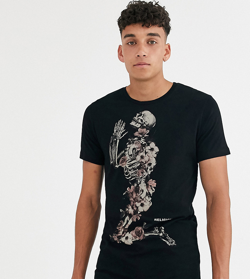 Religion tall curved hem t-shirt with floral print in black