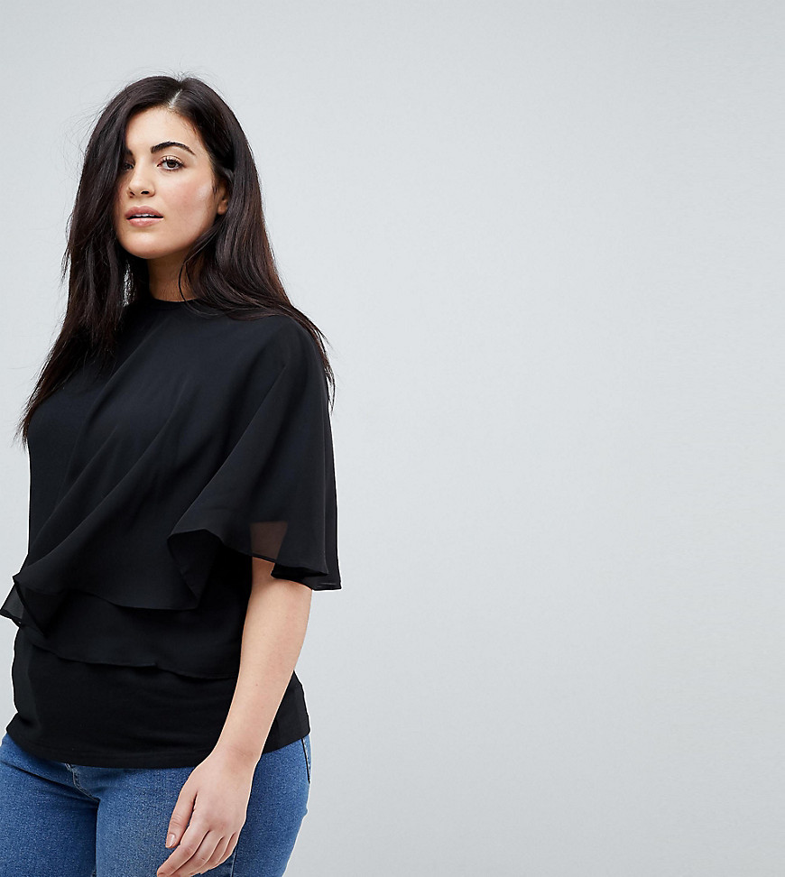 Lost Ink Plus T-Shirt With Flutter Frill Detail - Black