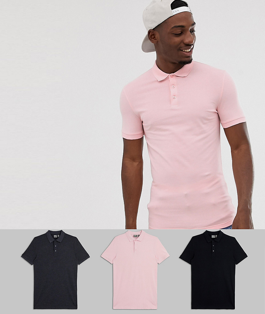 ASOS DESIGN 3 pack muscle fit polo save
