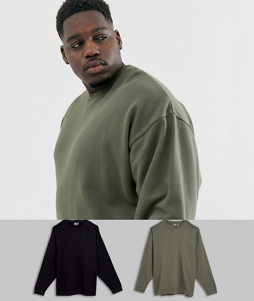 ASOS DESIGN Plus oversized sweatshirt 2 pack black/khaki