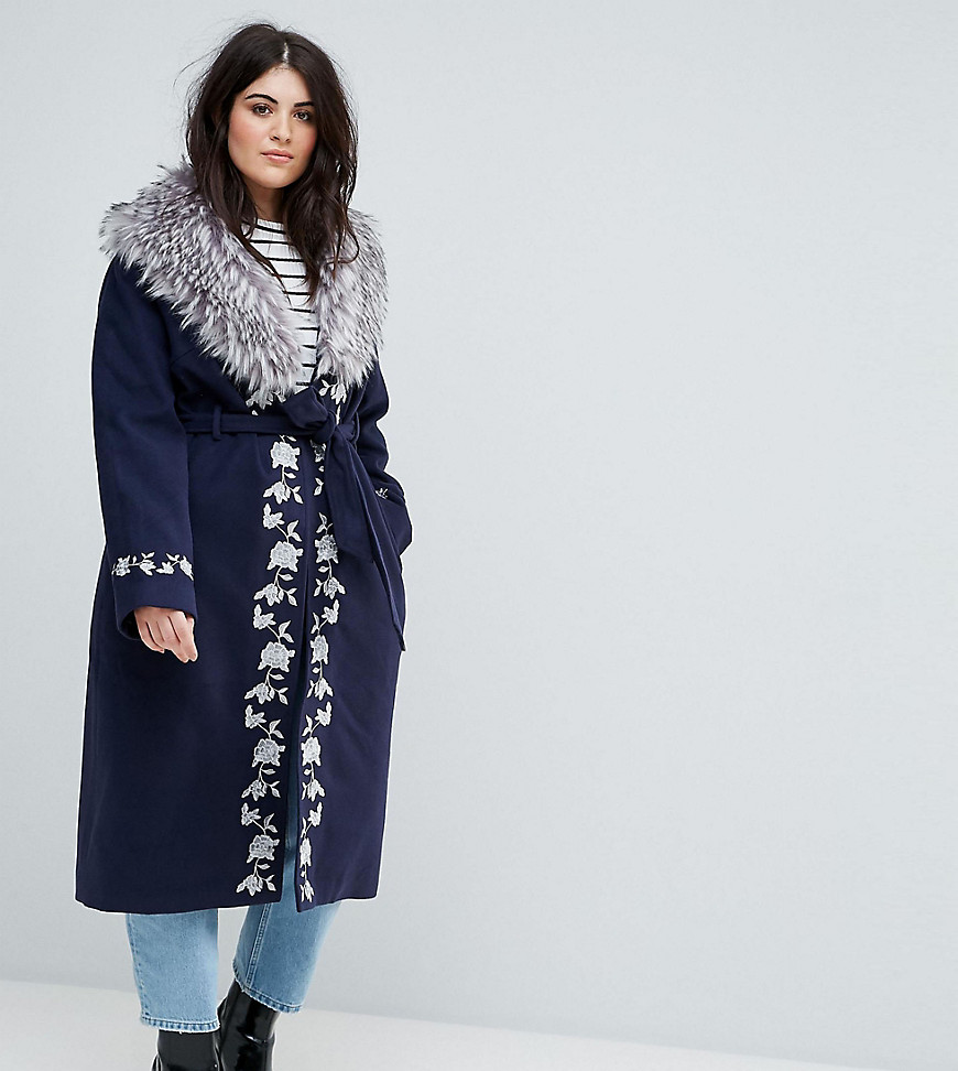 Dolly & Delicious Plus Premium Embroidered Wrap Front Coat With Fluffy Trim Detail - Navy/grey
