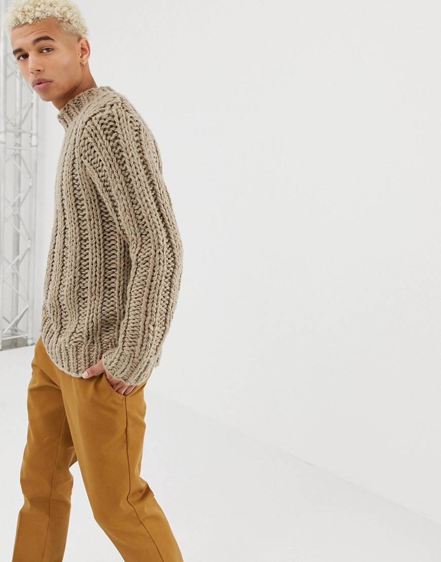 ASOS DESIGN hand knitted heavyweight turtle neck jumper in oatmeal