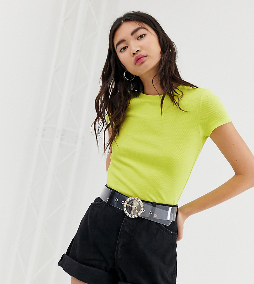 Monki crew neck ribbed t-shirt in lime green