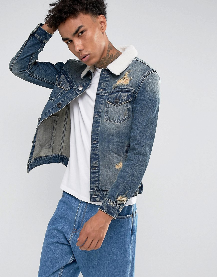 Cayler & Sons Denim Jacket In Blue With Borg Collar - Blue