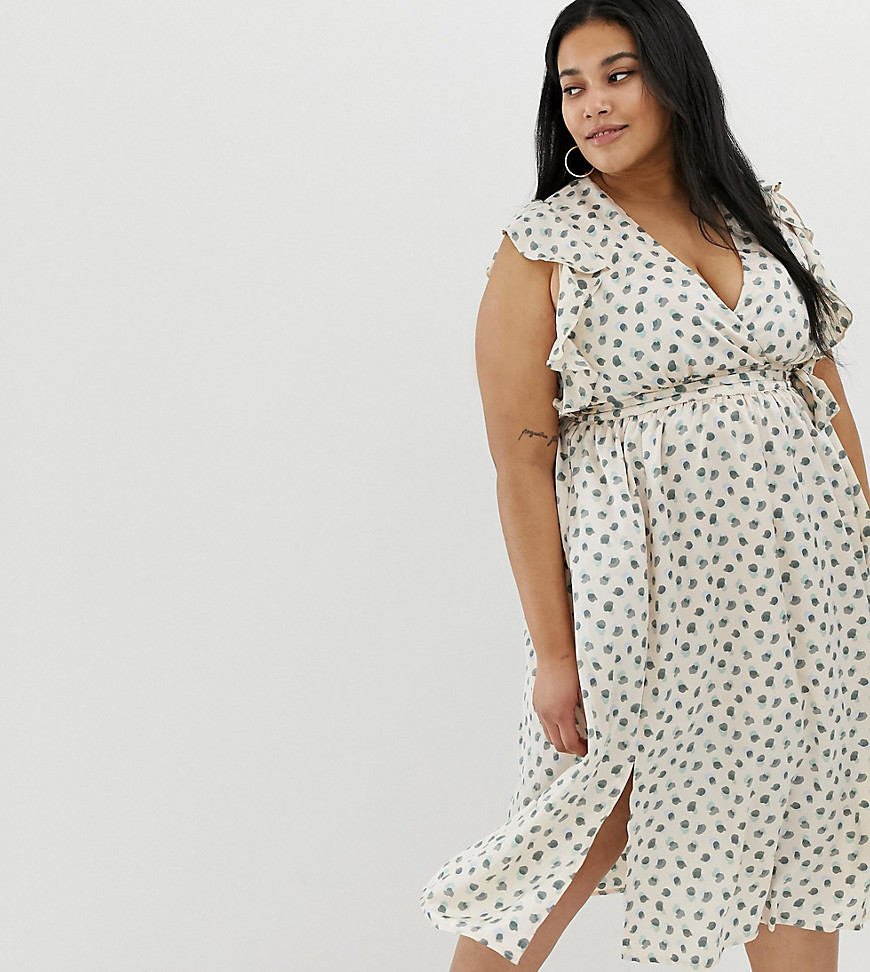 Glamorous curve plunge front midi dress with ruffle shoulders in smudge spot