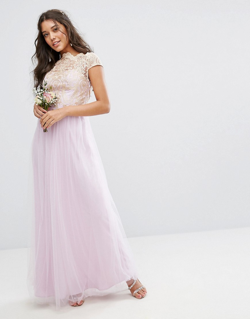 Chi Chi London Premium Lace Maxi Dress With Tulle Skirt - Lilac/rose gold