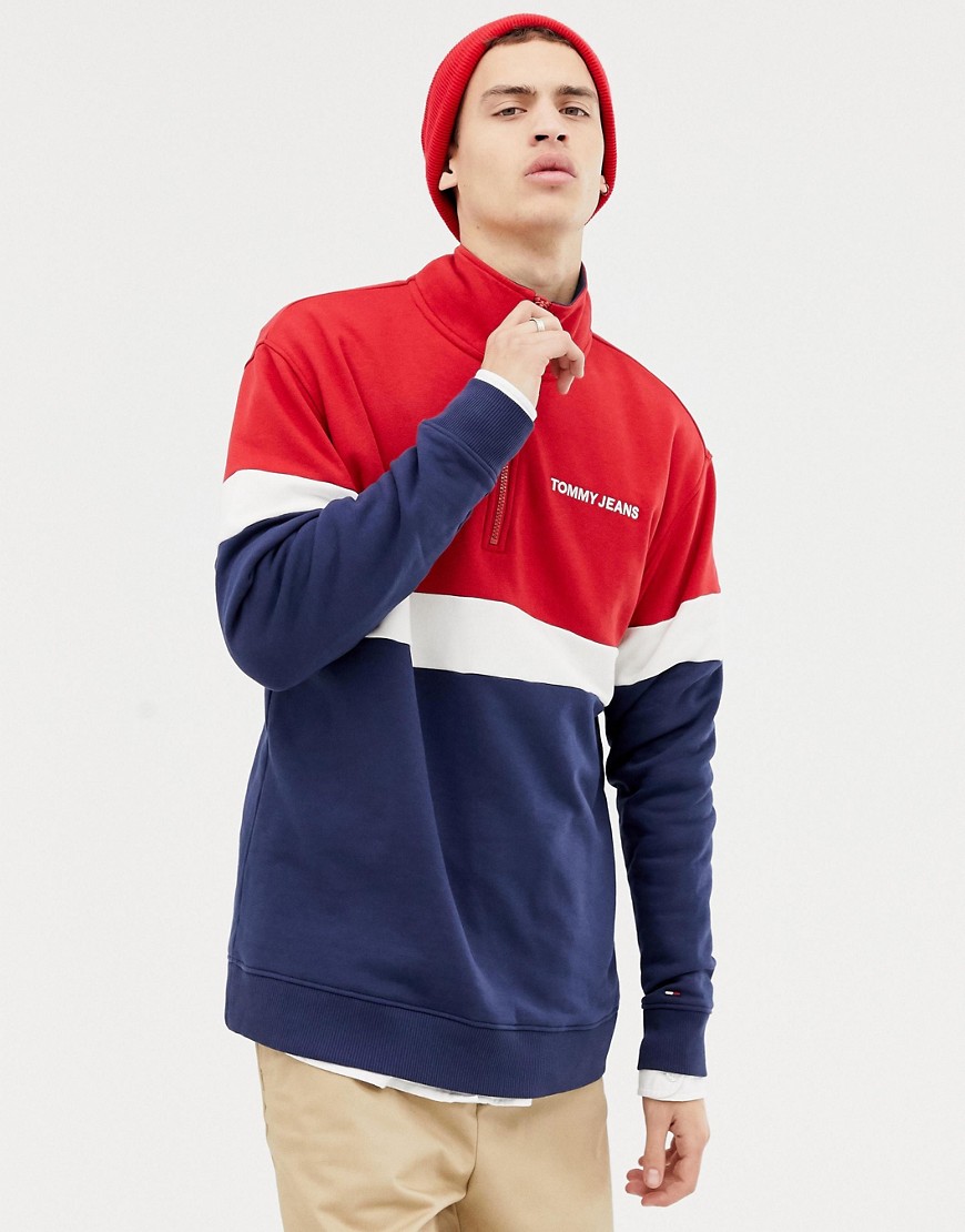 Tommy Jeans relaxed fit retro mock neck half zip sweat in red/white/navy