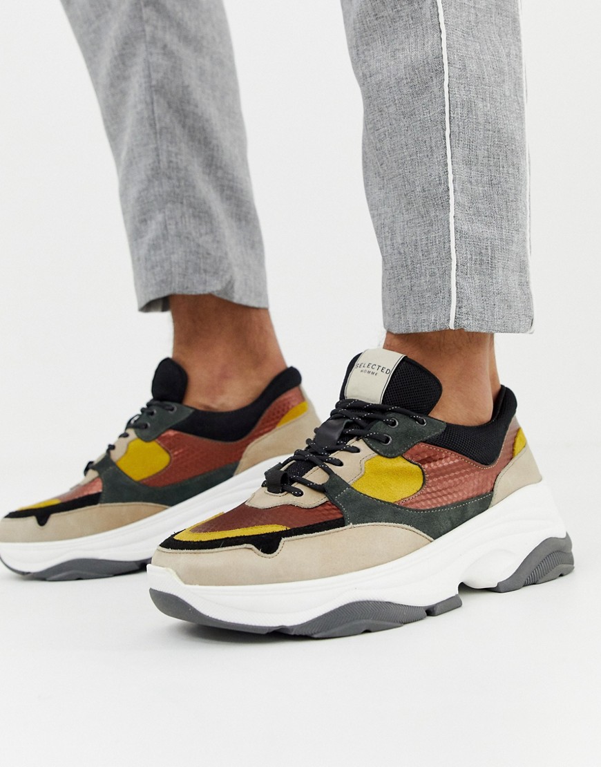Selected Homme chunky sole multi colour premium leather trainer