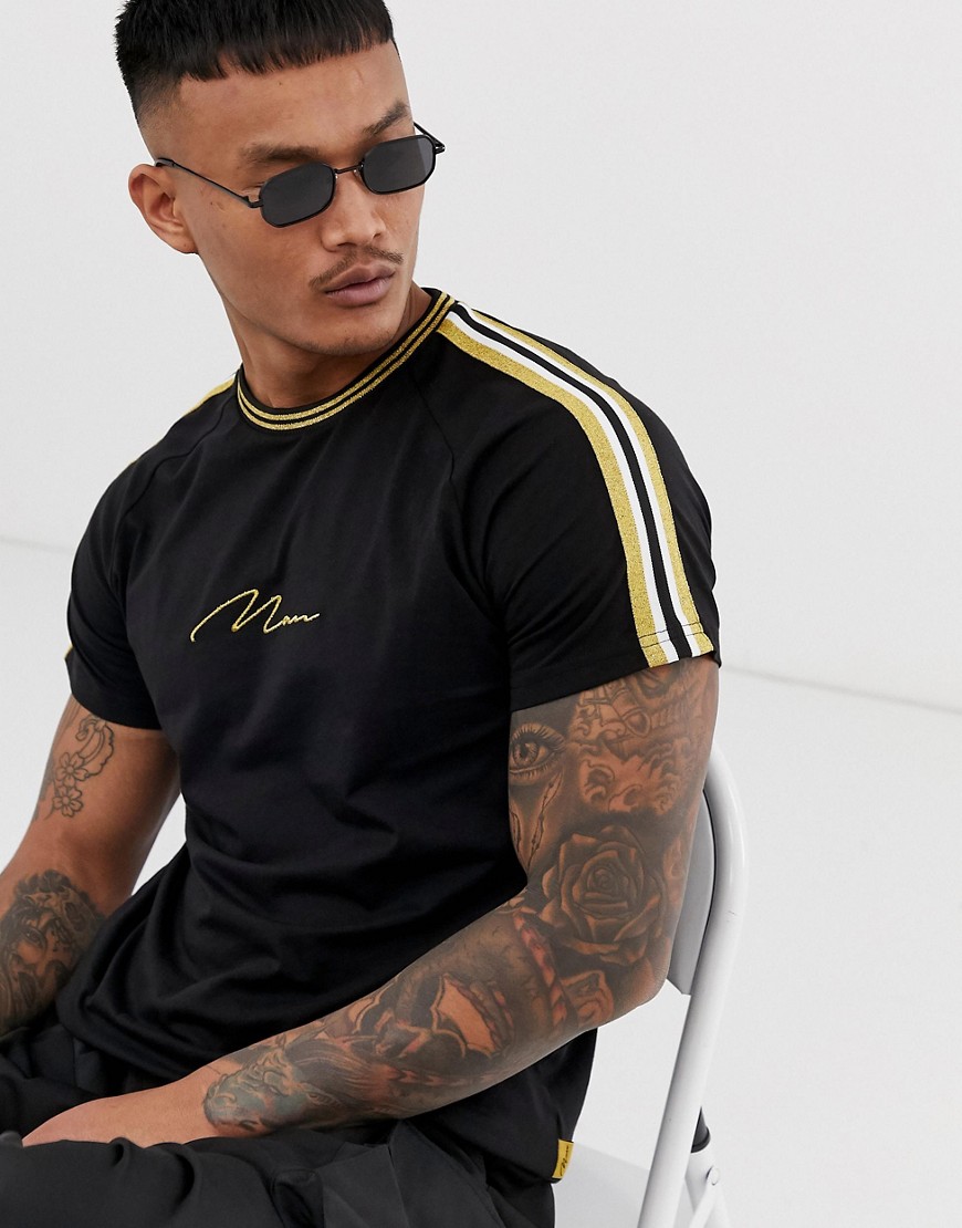 boohooMAN t-shirt with gold man embroidery in black