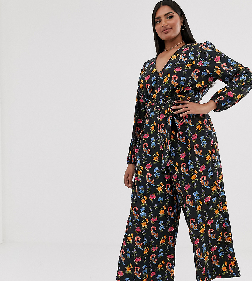 Glamorous Curve wide leg jumpsuit with tie front in bird floral