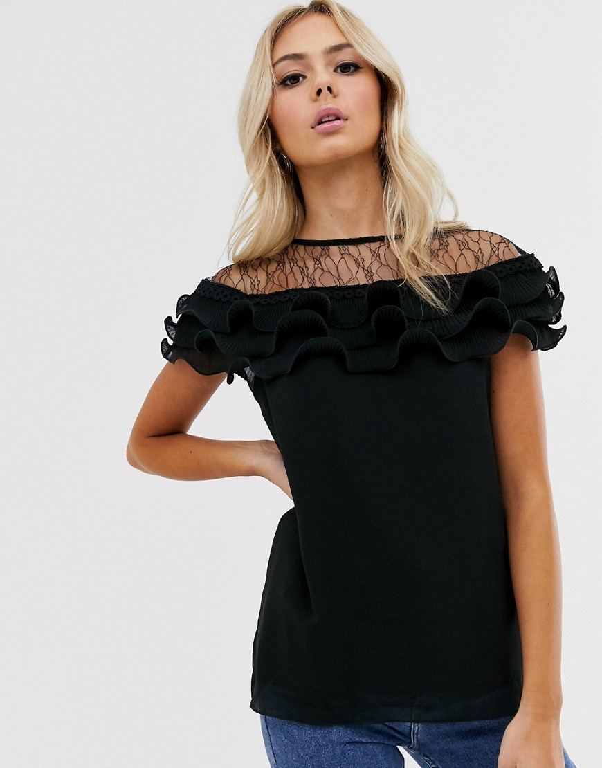 New Look lace detail pleated blouse in black