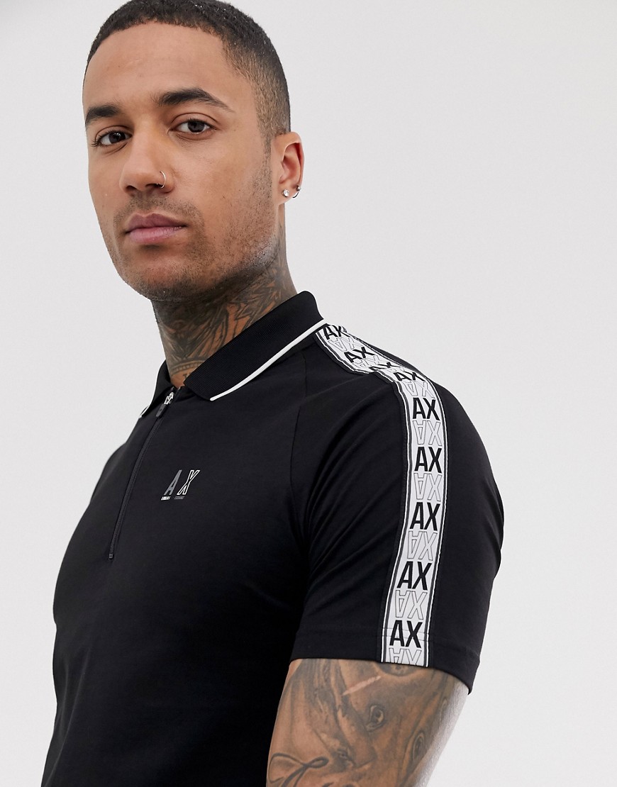 Armani Exchange zip polo with logo taping in black