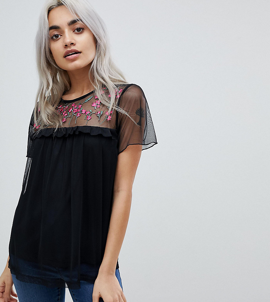 Vero Moda Petite Embroidered Top With Sheer Sleeves - Black
