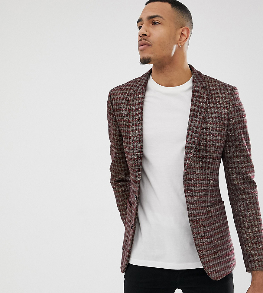 ASOS DESIGN Tall skinny blazer in grey red and gold sparkle check