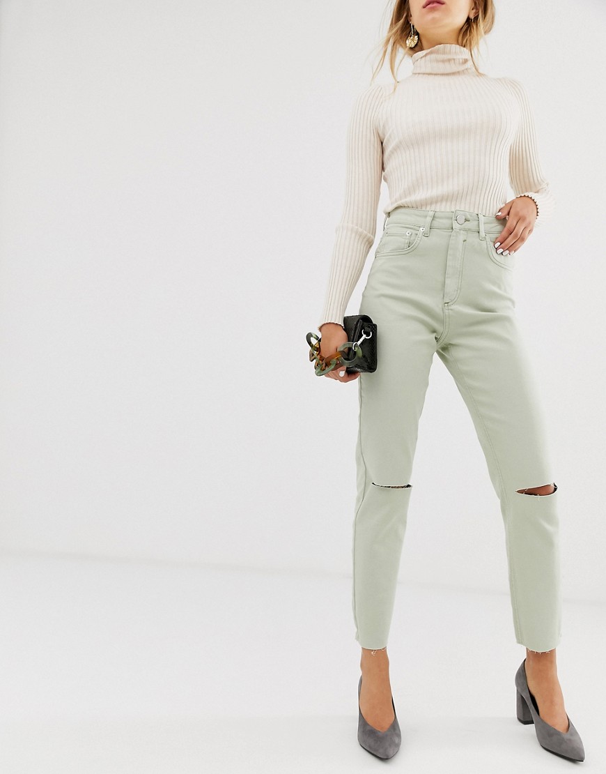 ASOS DESIGN Farleigh high waist slim mom jeans with rip and raw hem in Mint