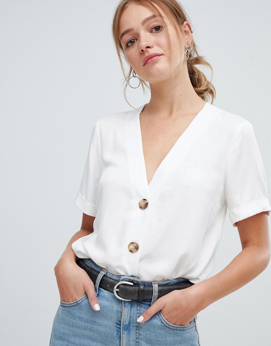 Asos Design Boxy Top With Contrast Buttons-white