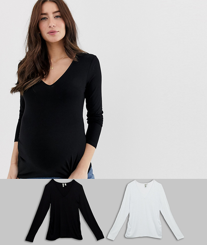 ASOS DESIGN Maternity ultimate top with long sleeve and v-neck with ruching 2 pack SAVE