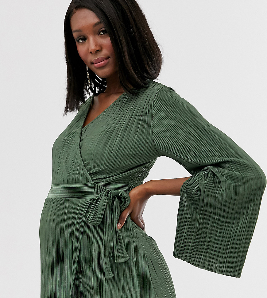 ASOS DESIGN Maternity wrap top in plisse with tie side in khaki
