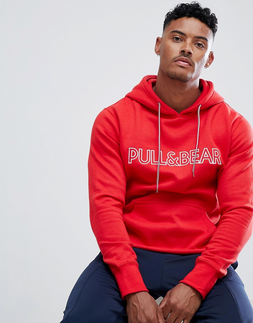 Pull&Bear hoodie in red with logo - Red